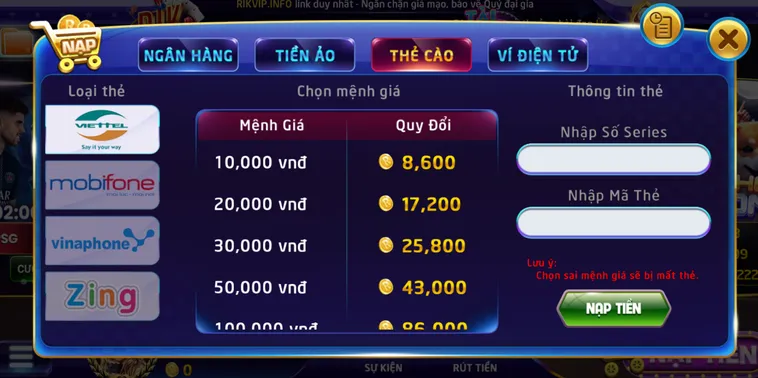 Hướng Dẫn Nạp Tiền RikVip Nhận Ngay Khuyến Mãi Nhân Đôi Tài Khoản