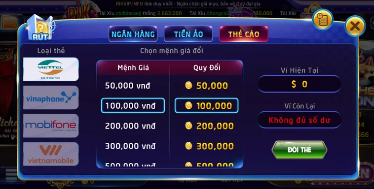 Rút tiền qua thẻ cào giao dịch nhanh chóng tại cổng game Rikvip.